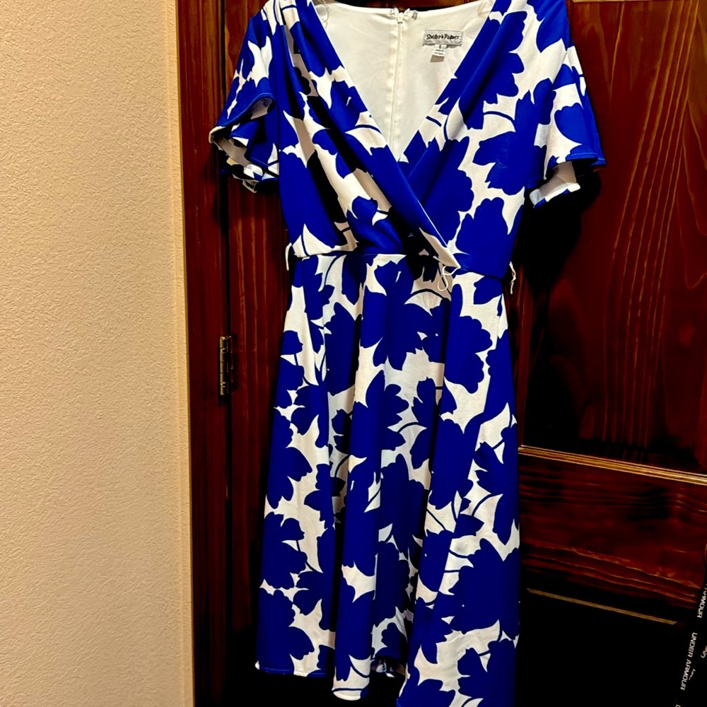 Shelby & Palmer Blue and White Flutter Sleeve Wrap Sundress